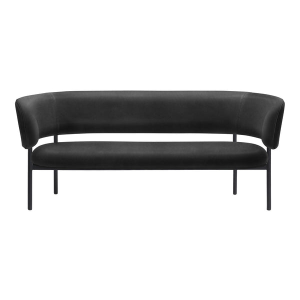 Black curved sofa with a smooth fabric finish and minimalist metal frame. Modern design for stylish living spaces.