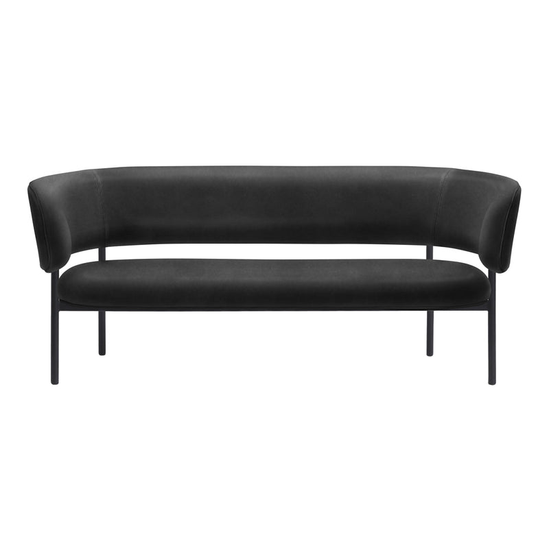 Black curved sofa with a smooth fabric finish and minimalist metal frame. Modern design for stylish living spaces.