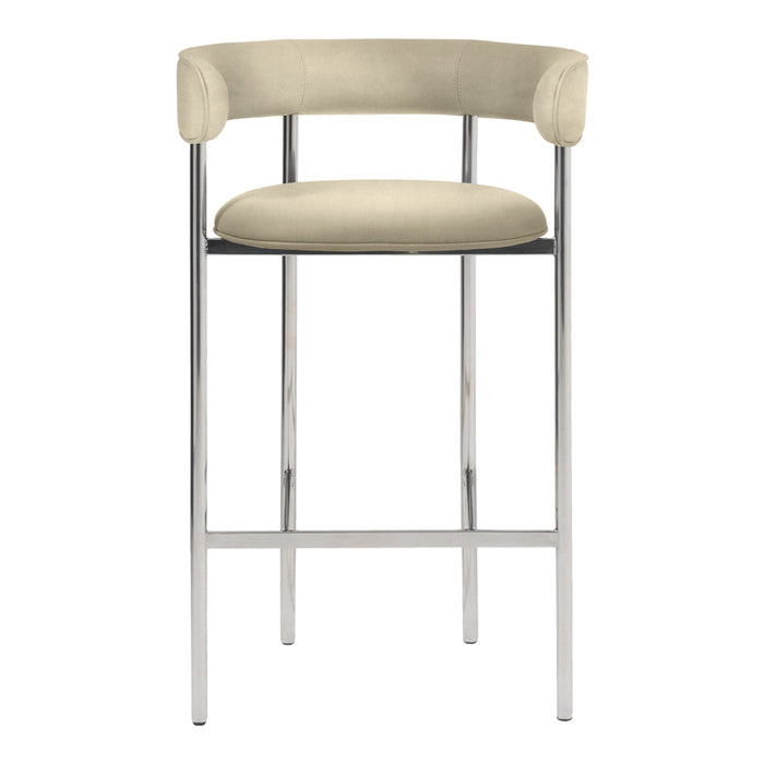 Beige upholstered bar stool with chrome legs, featuring a smooth, modern design and no visible patterns.