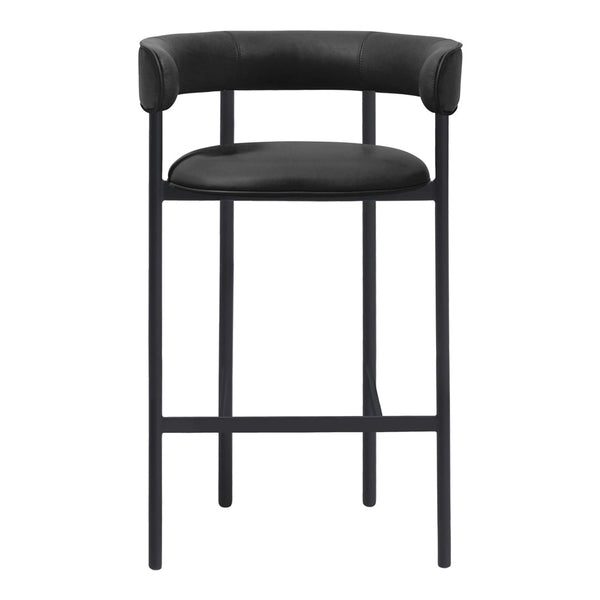 Black upholstered bar stool with a sleek, minimalist design and a matte black metal frame. Elegant and modern.