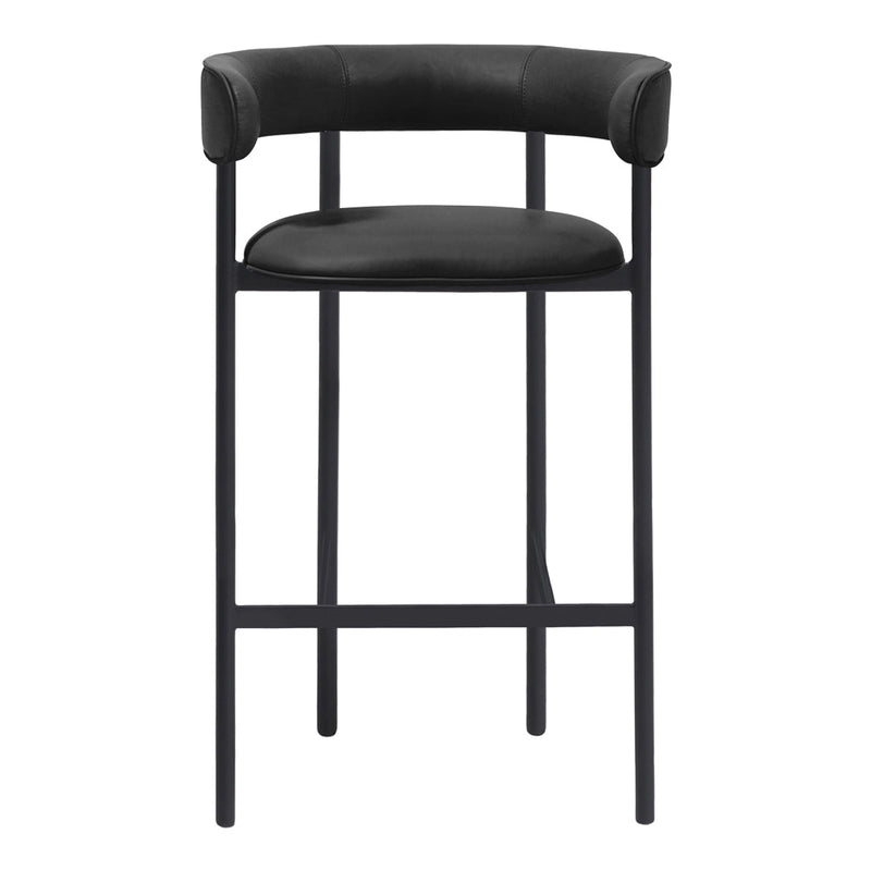 Black upholstered bar stool with a sleek black metal frame and minimalistic design.