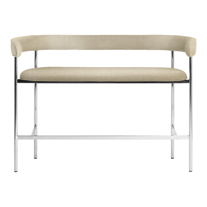 "Light beige upholstered bench with chrome frame, featuring a smooth, minimalist design and rounded armrests."