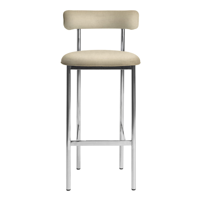 Beige upholstered bar stool with a sleek chrome frame and minimalist design. Perfect for modern decor.