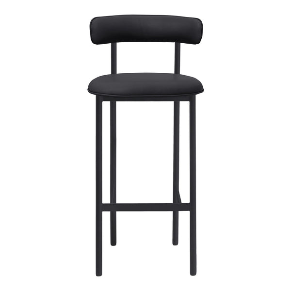 Black upholstered bar stool with sleek metal legs and minimalist design. Perfect for modern decor.