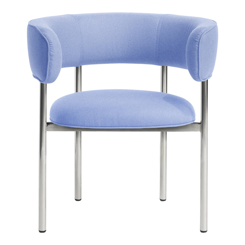 Light blue upholstered chair with a modern round design and sleek chrome legs. Ideal for contemporary interiors.