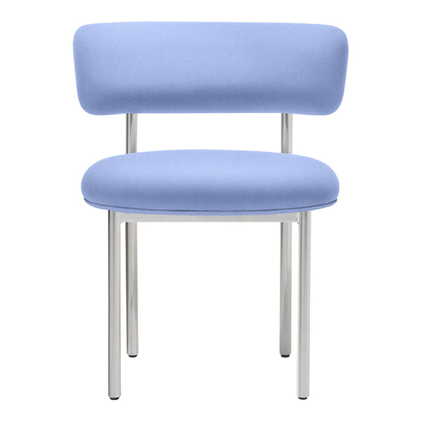 Light blue upholstered chair with a minimalist design and sleek chrome legs. Perfect for modern decor.