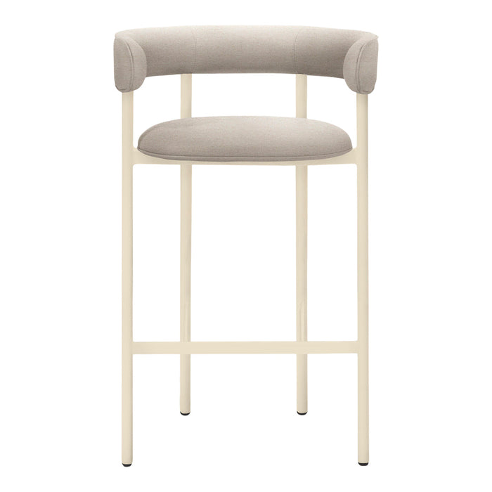 Beige upholstered bar stool with a cream metal frame and a minimalist design. Perfect for modern decor.