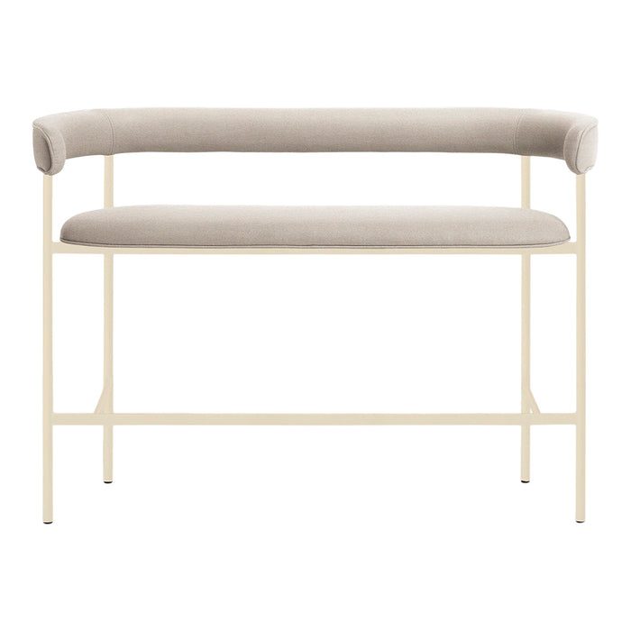 Neutral beige upholstered bench with sleek cream metal frame and simple, modern design. Ideal for contemporary decor.