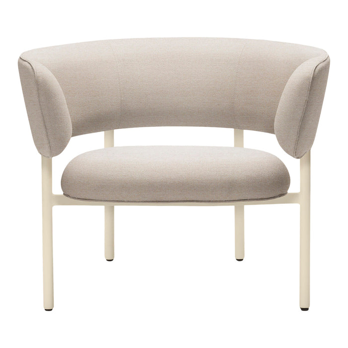 Light beige curved chair with soft fabric upholstery and creamy white metal legs for a modern, minimalist look.
