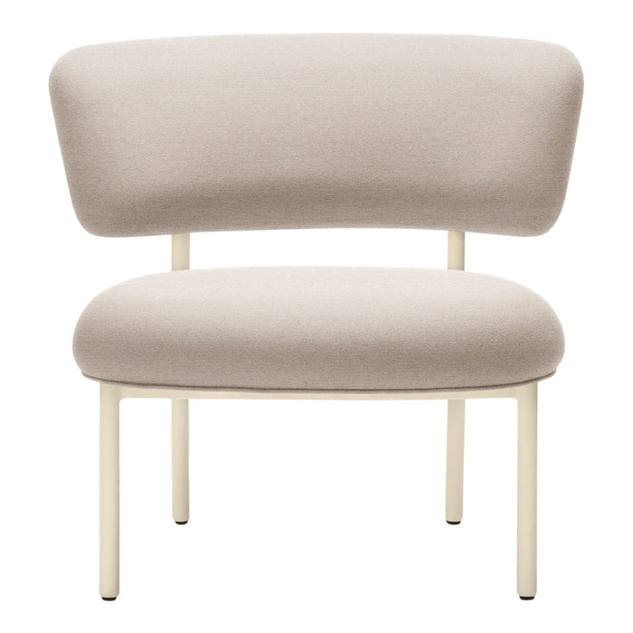 Beige upholstered chair with a smooth, curved backrest and minimalist cream legs, showcasing a clean, modern design.