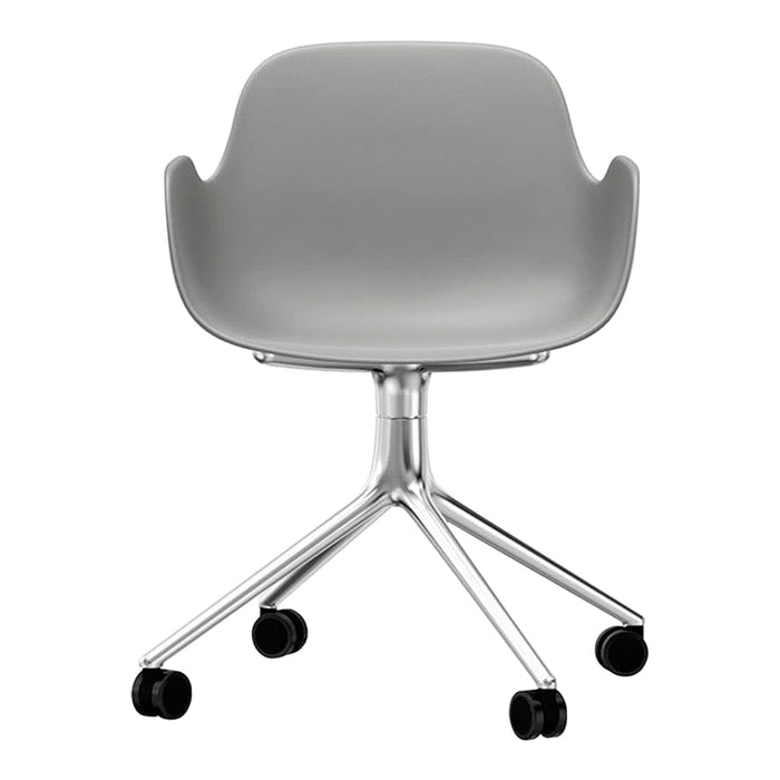 Gray ergonomic chair with smooth surface and sleek chrome base, featuring five black wheels for easy mobility.