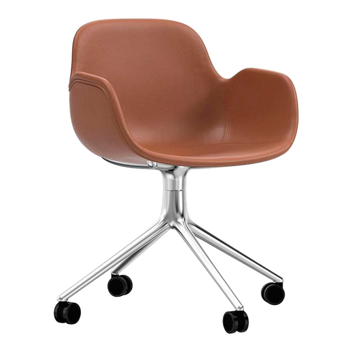 Brown molded chair with a sleek chrome base, featuring a minimalist design and smooth, curved lines.