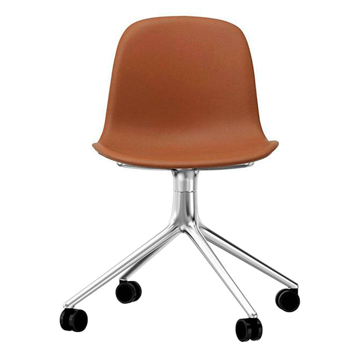 Brown modern chair with a sleek design and chrome base, featuring rolling wheels for mobility.