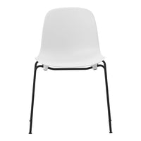White chair with a smooth, minimalist design and sturdy black metal legs. Clean lines and modern aesthetic.