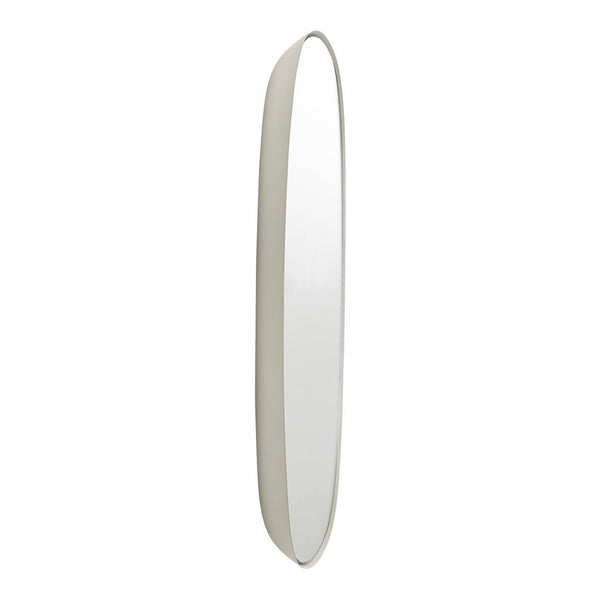 Tall, oval mirror with a smooth, neutral-toned frame in soft beige, perfect for modern decor.