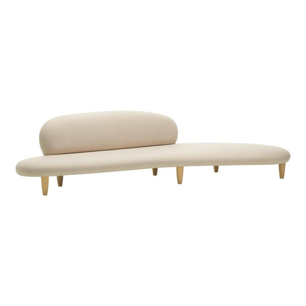 Beige modern sofa with soft curves and natural wood legs, featuring a minimalist design and smooth fabric texture.