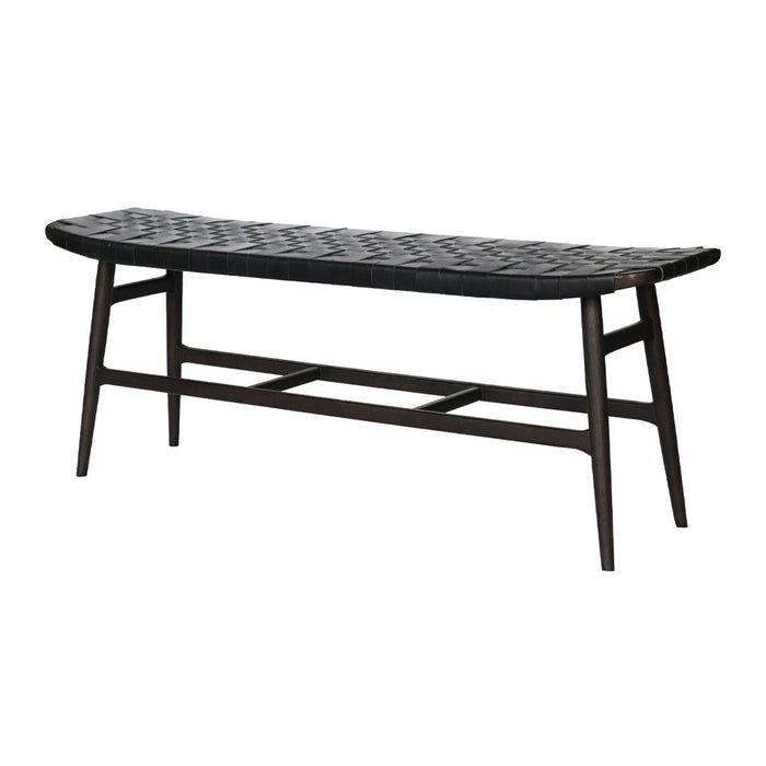 Black woven pattern bench with a sleek dark wood frame, featuring a stylish and modern design.