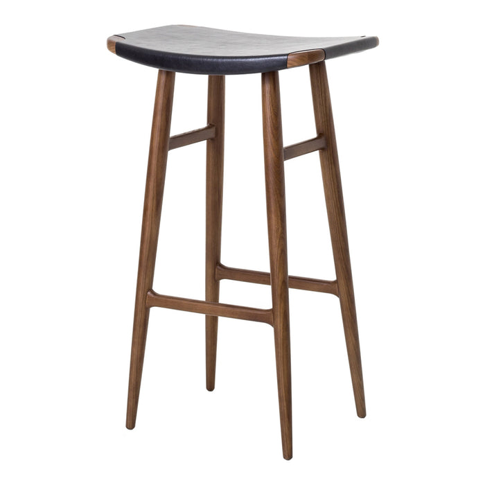 Wooden bar stool with a sleek black seat and warm walnut legs, featuring a minimalist design and smooth contours.
