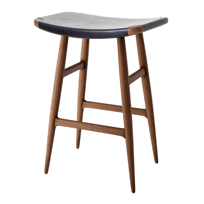 "Mid-century modern bar stool with a dark leather seat and natural wood legs in a warm brown finish."