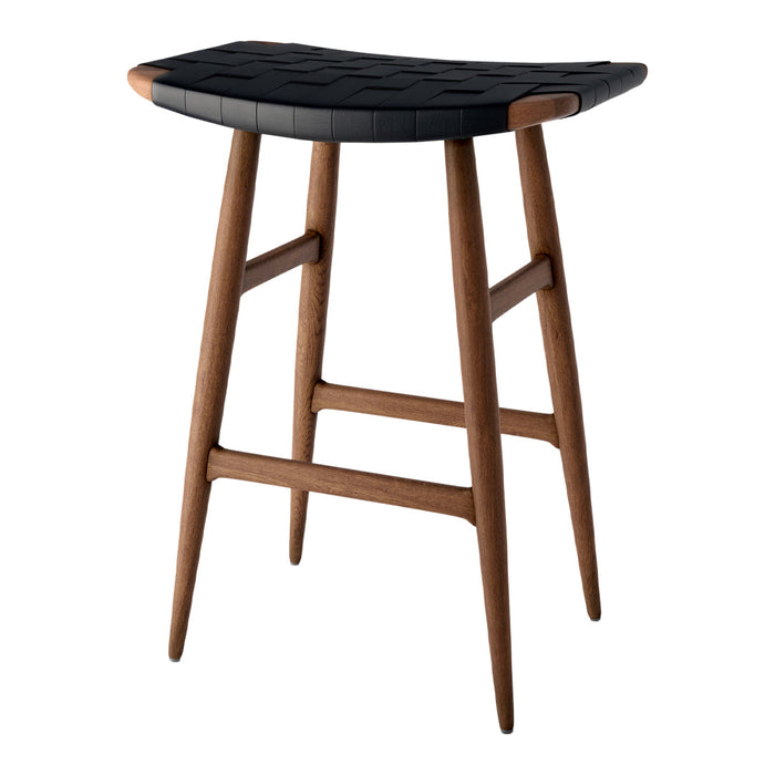 Black padded seat with a wood frame, featuring a sleek and modern design for stylish decor.