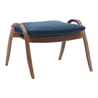 Blue upholstered ottoman with a wood frame and curved legs, showcasing a modern, minimalist design.