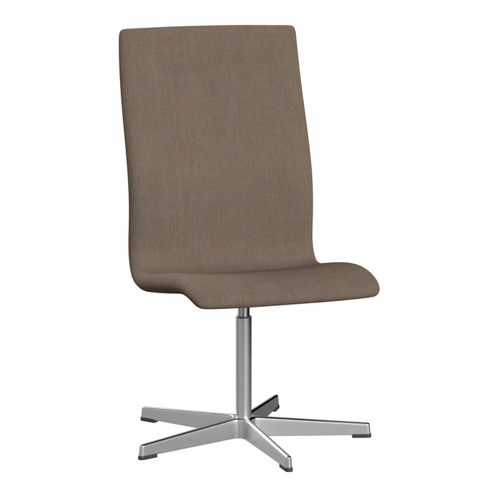 Modern high-back chair in soft taupe fabric on a sleek silver base, featuring a minimalist design and clean lines.