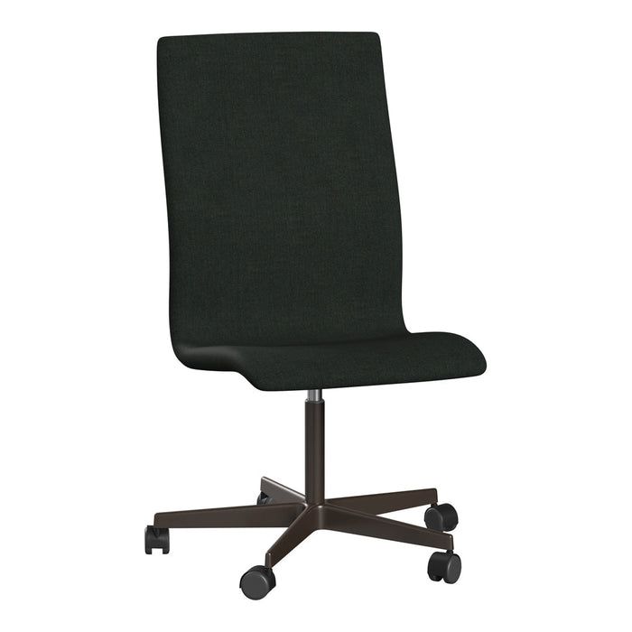 Black upholstered office chair with a sleek design and minimalist backrest, featuring a dark wooden base.