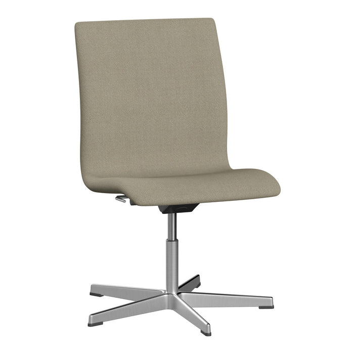 Stylish beige fabric chair with a smooth, minimalist design and silver base, perfect for modern decor.