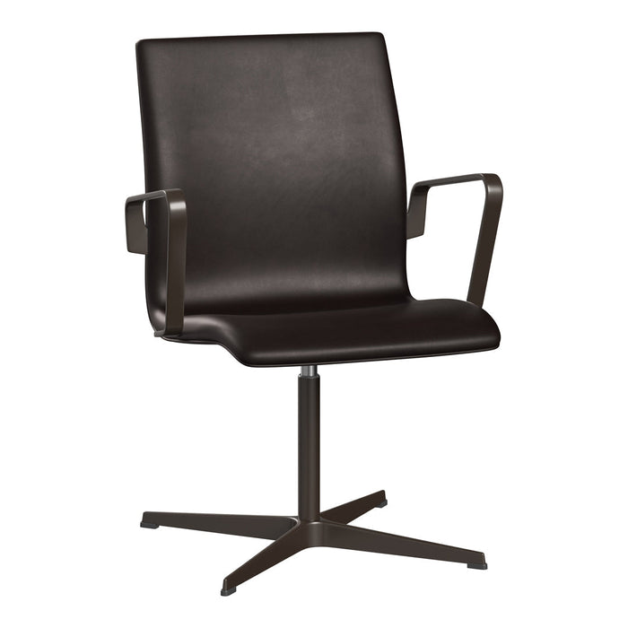 Sleek black leather office chair with minimalist design and silver metal accents on a sturdy base.