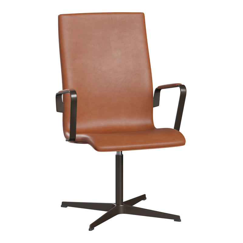 Brown leather office chair with sleek design and black metal accents, featuring a smooth, minimalist pattern.