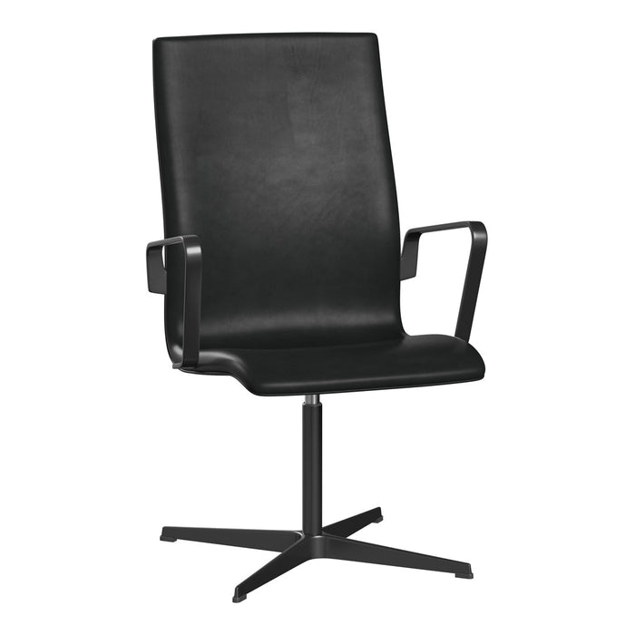 Sleek black leather office chair with a minimalist design and sturdy metal base, perfect for modern workspaces.