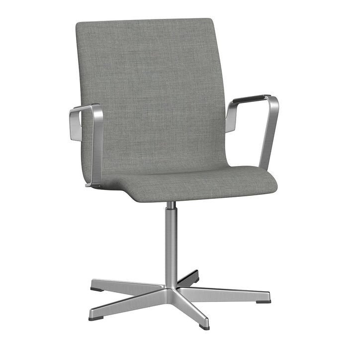 Gray upholstered office chair with a sleek silver base, featuring a minimalist design and subtle texture.