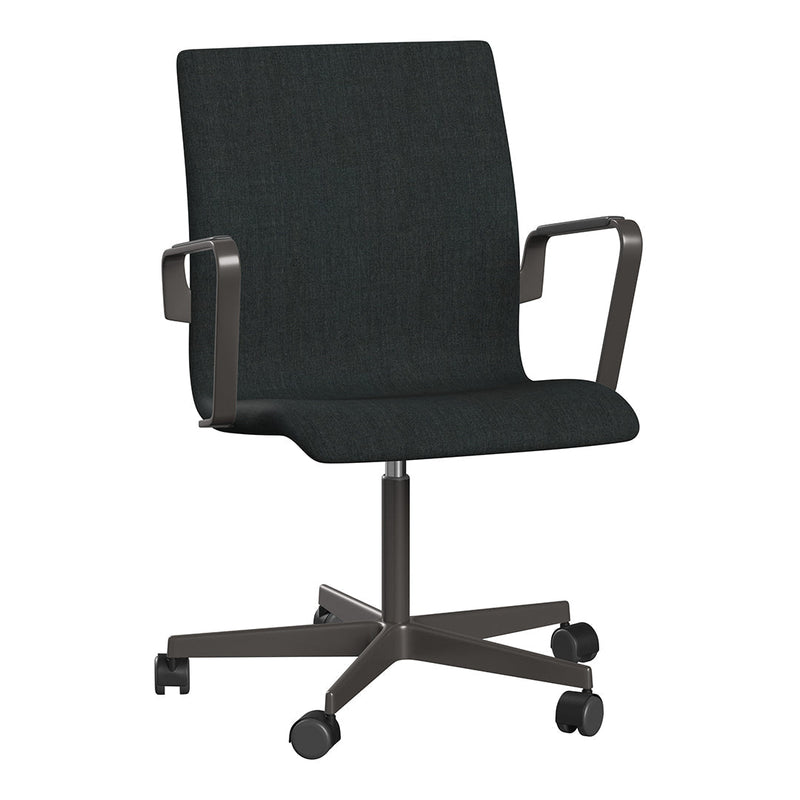 Black textured office chair with a sleek metal frame and smooth armrests, ideal for modern workspace aesthetics.