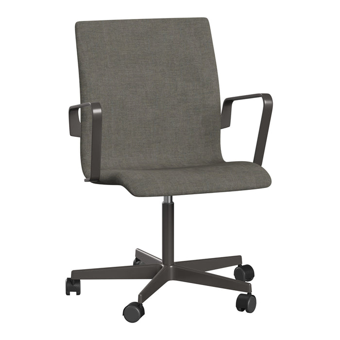 Gray office chair with a sleek design and subtle textured pattern on seat and backrest, featuring matte black wheels.