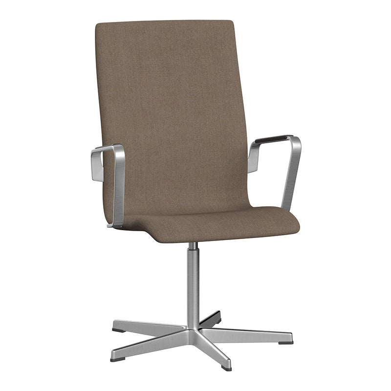 Brown textured fabric office chair with sleek silver armrests and a modern star base.