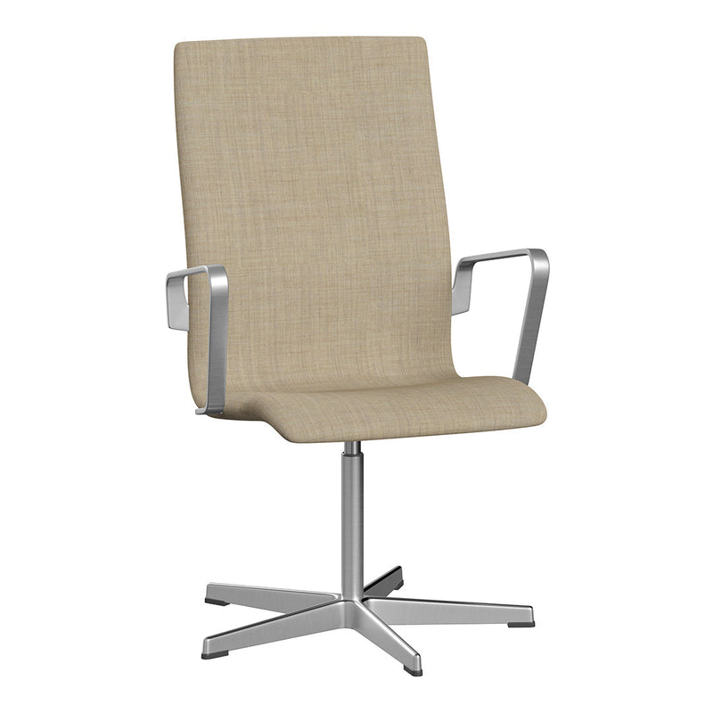 Beige high-back office chair with a smooth fabric texture and silver metal base. Stylish and modern design.