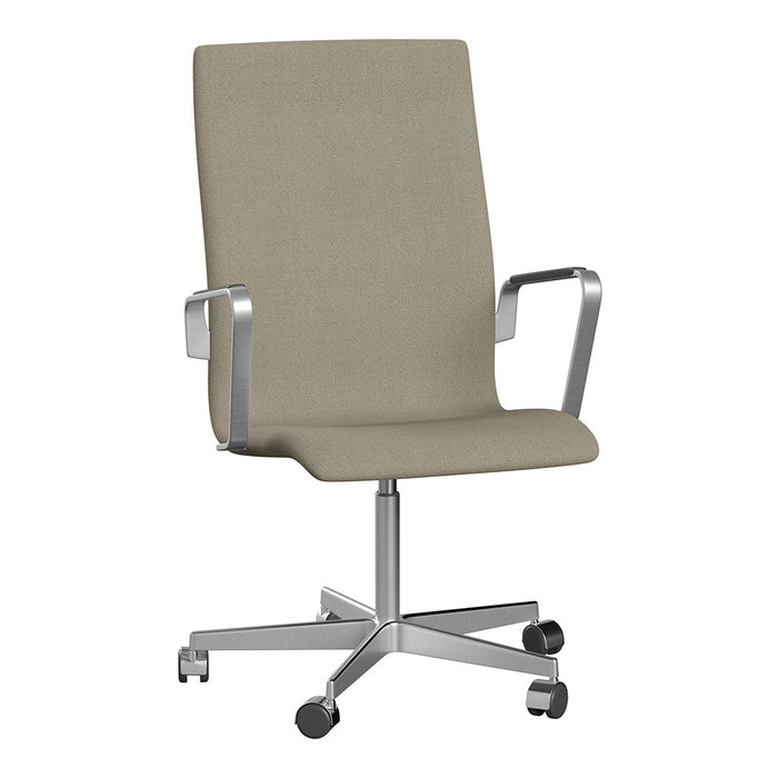 Light gray office chair with a sleek, minimalist design and polished chrome arms and base. Simple and elegant upholstery pattern.