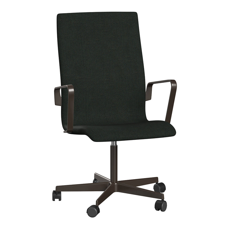 Black fabric office chair with sleek design and armrests, featuring a solid color without patterns.