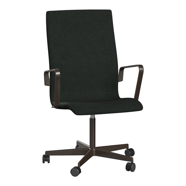 Black ergonomic office chair with sleek lines and a smooth fabric finish, complemented by a dark metal base.