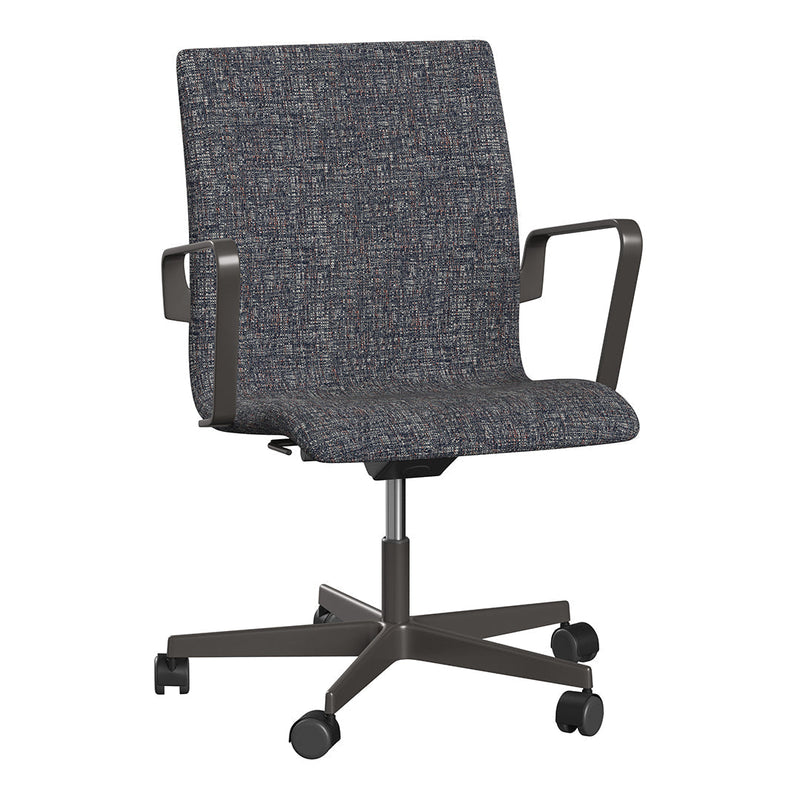 Gray textured fabric office chair with subtle multicolor flecks and a sleek dark metal base. Ideal for modern workspaces.