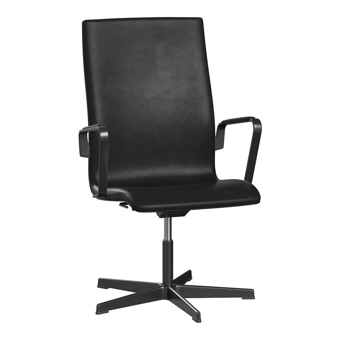 Black high-back swivel chair with sleek leather upholstery and minimalistic design. Perfect for modern office decor.