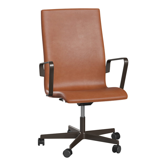 Brown leather office chair with a sleek, minimalist design and a black metal base, perfect for modern workspaces.