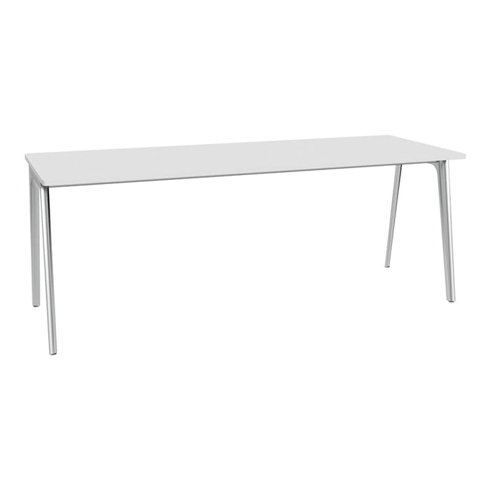 White rectangular table with sleek silver legs, featuring a smooth, solid surface and minimalist design.
