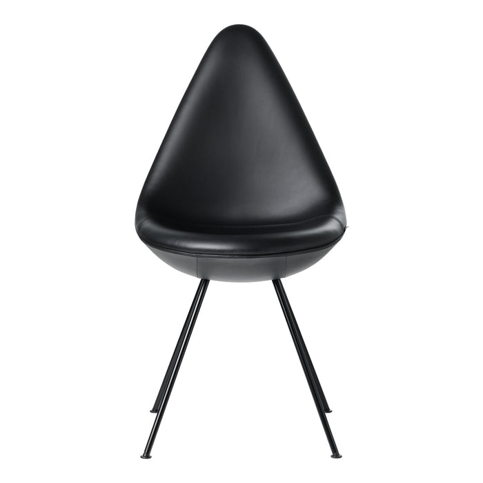 Black teardrop chair with sleek, smooth surface and minimalist black metal legs, perfect for modern decor.