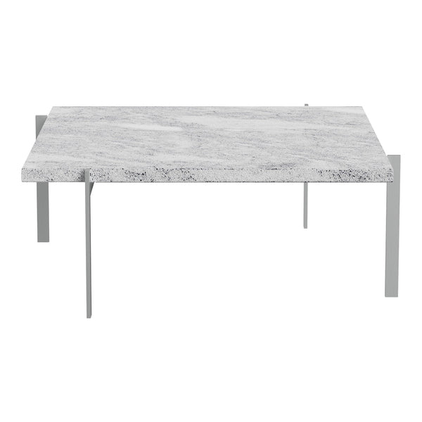 Gray marble coffee table with subtle veining and sleek metal legs, perfect for modern decor.