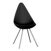 Sleek black teardrop chair with chrome legs, featuring a smooth, minimalist design. Perfect for modern spaces.