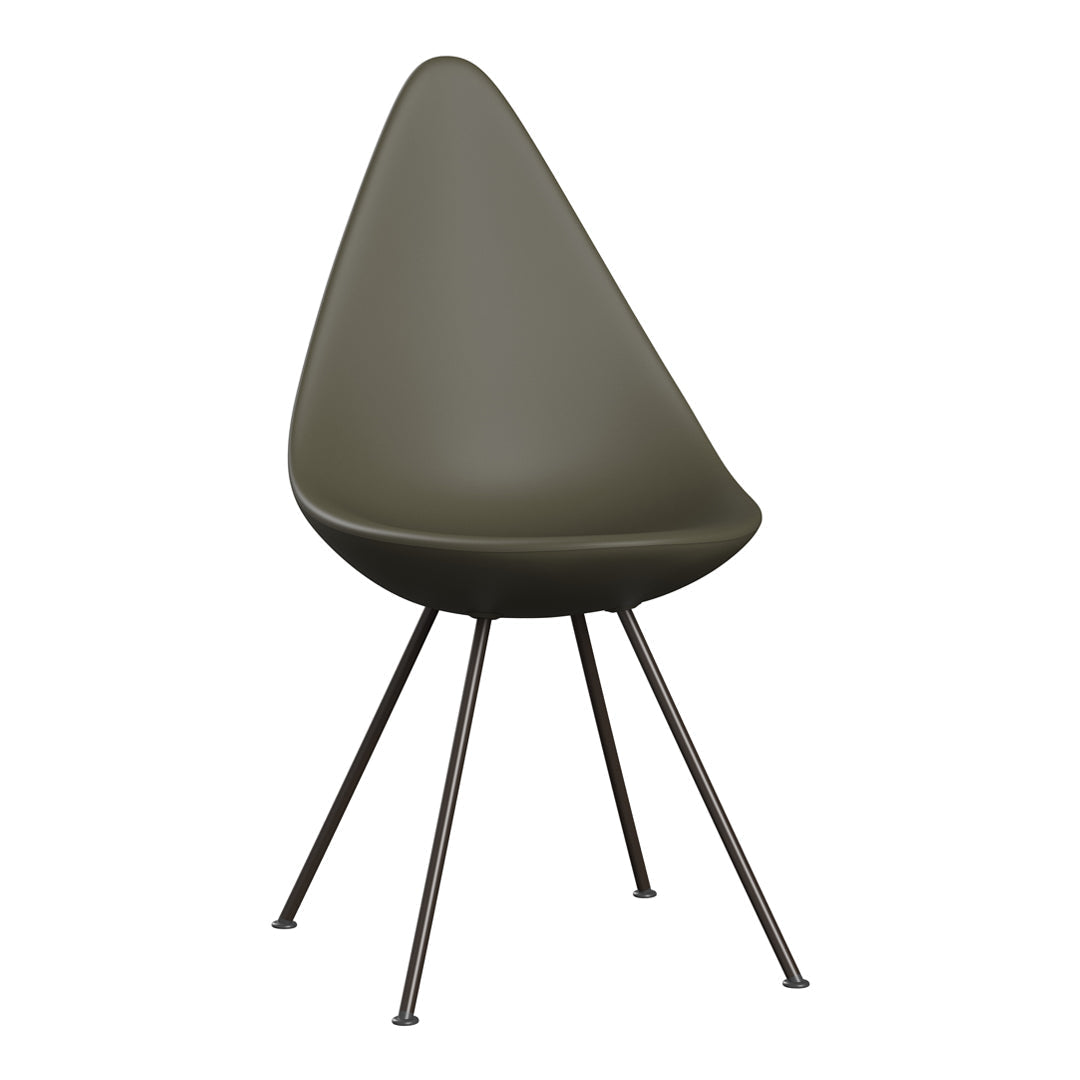 Olive green modern chair with a sleek, teardrop shape and black metal legs, perfect for stylish interiors.
