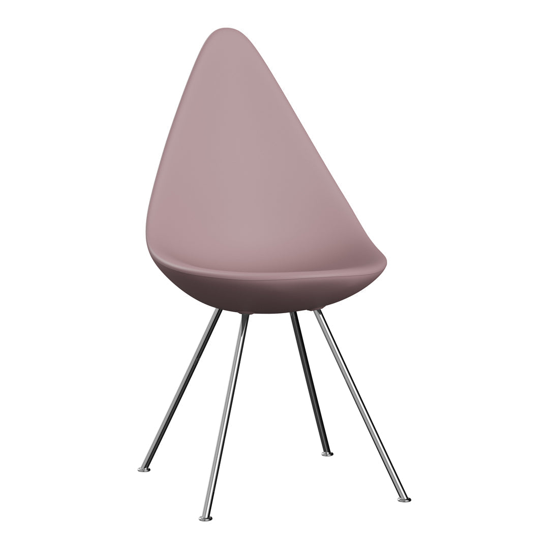 Light pink teardrop-shaped chair with sleek chrome legs, perfect for modern decor.