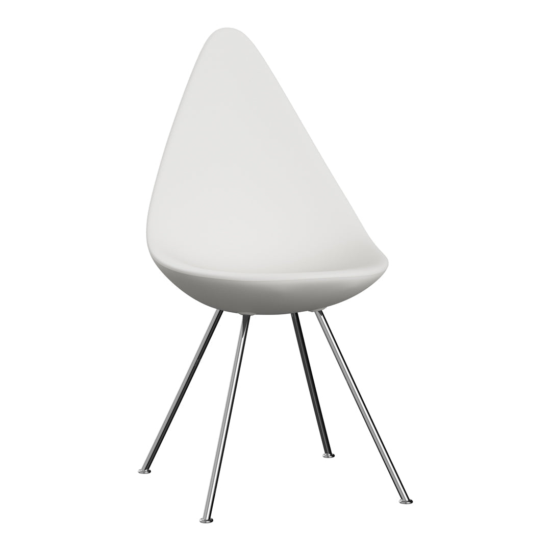 Sleek white teardrop chair with chrome legs, featuring a minimalist design and smooth, curved surface.