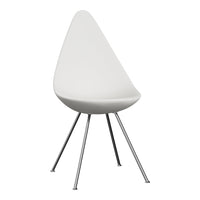 Sleek white teardrop chair with chrome legs, featuring a minimalist design and smooth, curved surface.